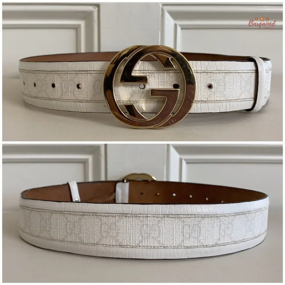 Authentic GUCCI White GG Plus Coated Canvas Leather Interlocking G Belt 80/32 - Picture 5 of 13
